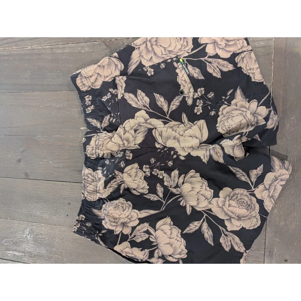 Osklen Mens Floral Black And Tan Floral Drawstring Swim Athleisure Shorts Sz L